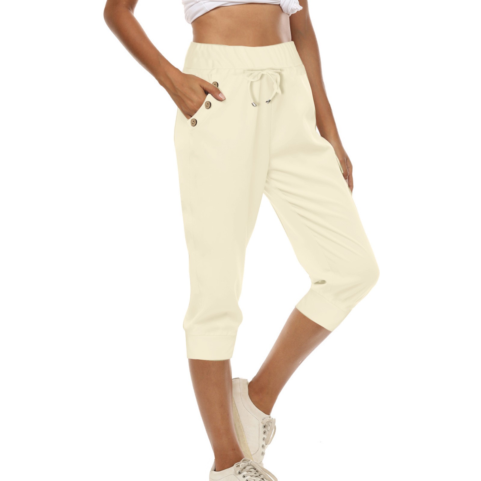 thumbnail image 2 of Pantalones deportivos casuales de yoga para mujer: pantalones elásticos de 3/4 con bolsillos, mezcla de algodón, tallas reales, tallas S-XXXL, 2 of 5